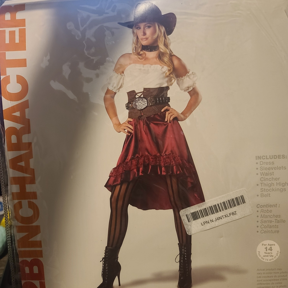 Saloon Gal Costume with Red Skirt and Black Hat